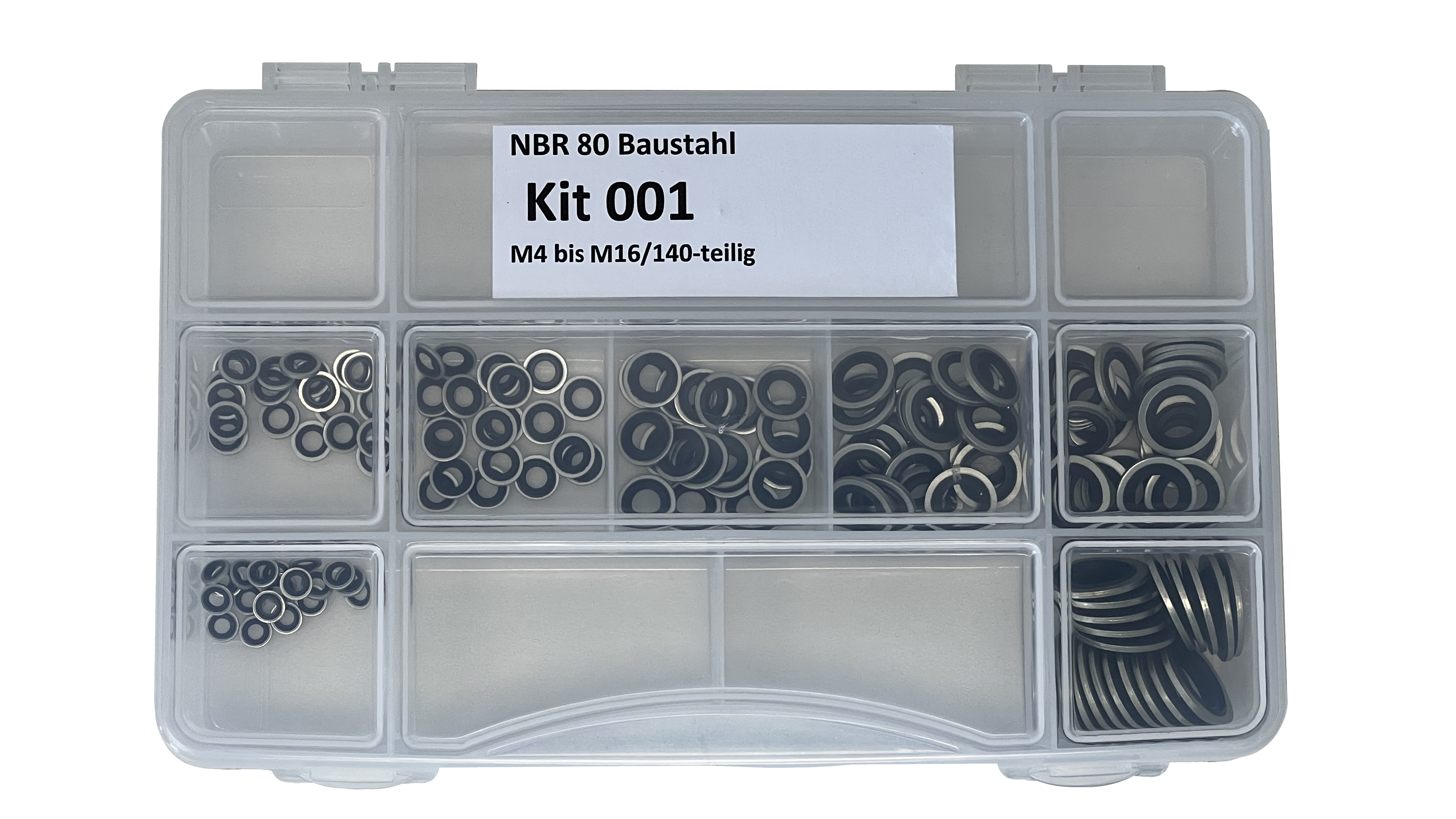 Assorted kit metric small (M4 to M16), 140 parts, self-centering, NBR80 +mild steel, Zn, Cr+3