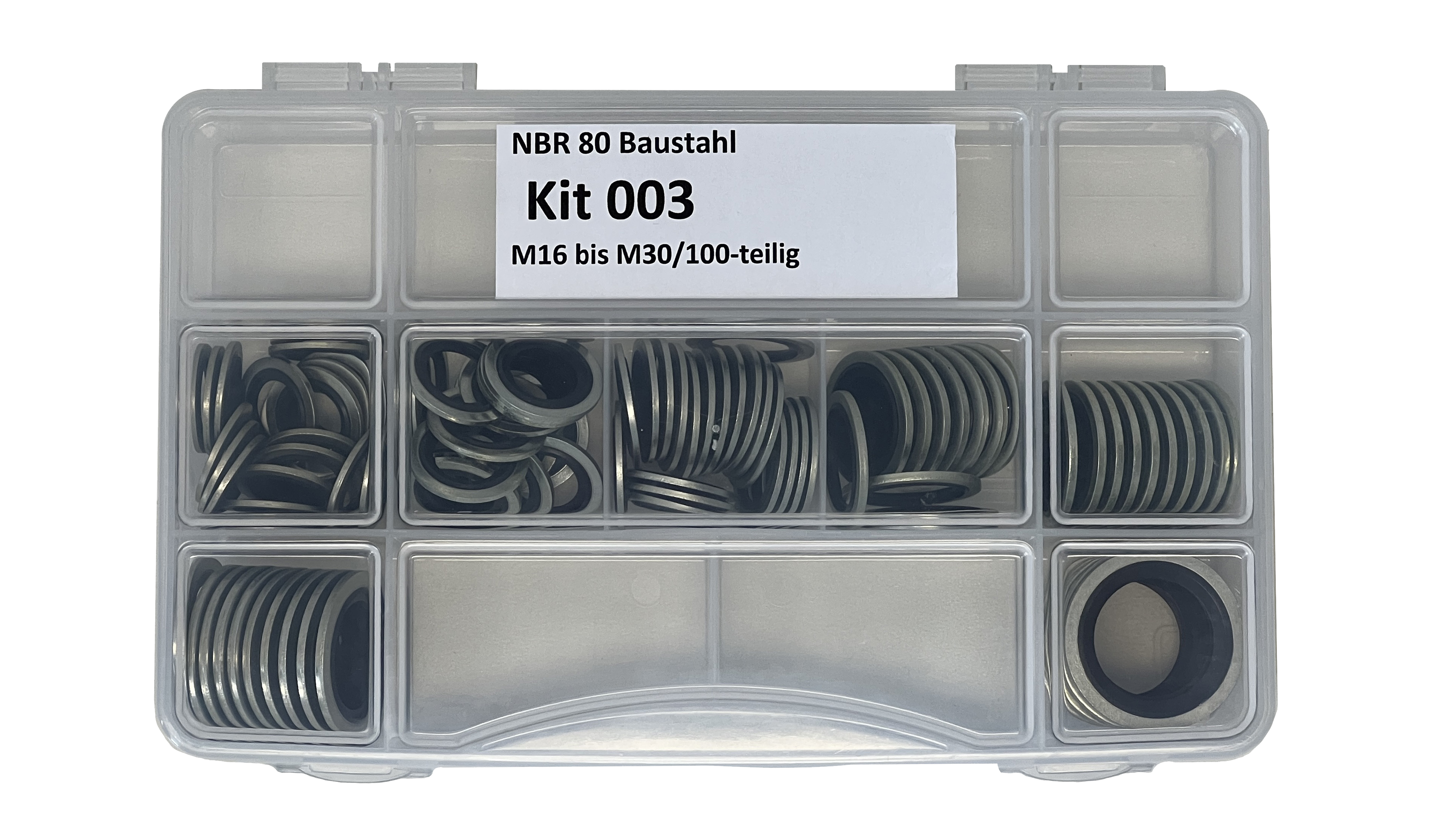 Assorted kit metric big (M16 to M30), 100 parts, self-centering, NBR80 +mild steel, Zn, Cr+3