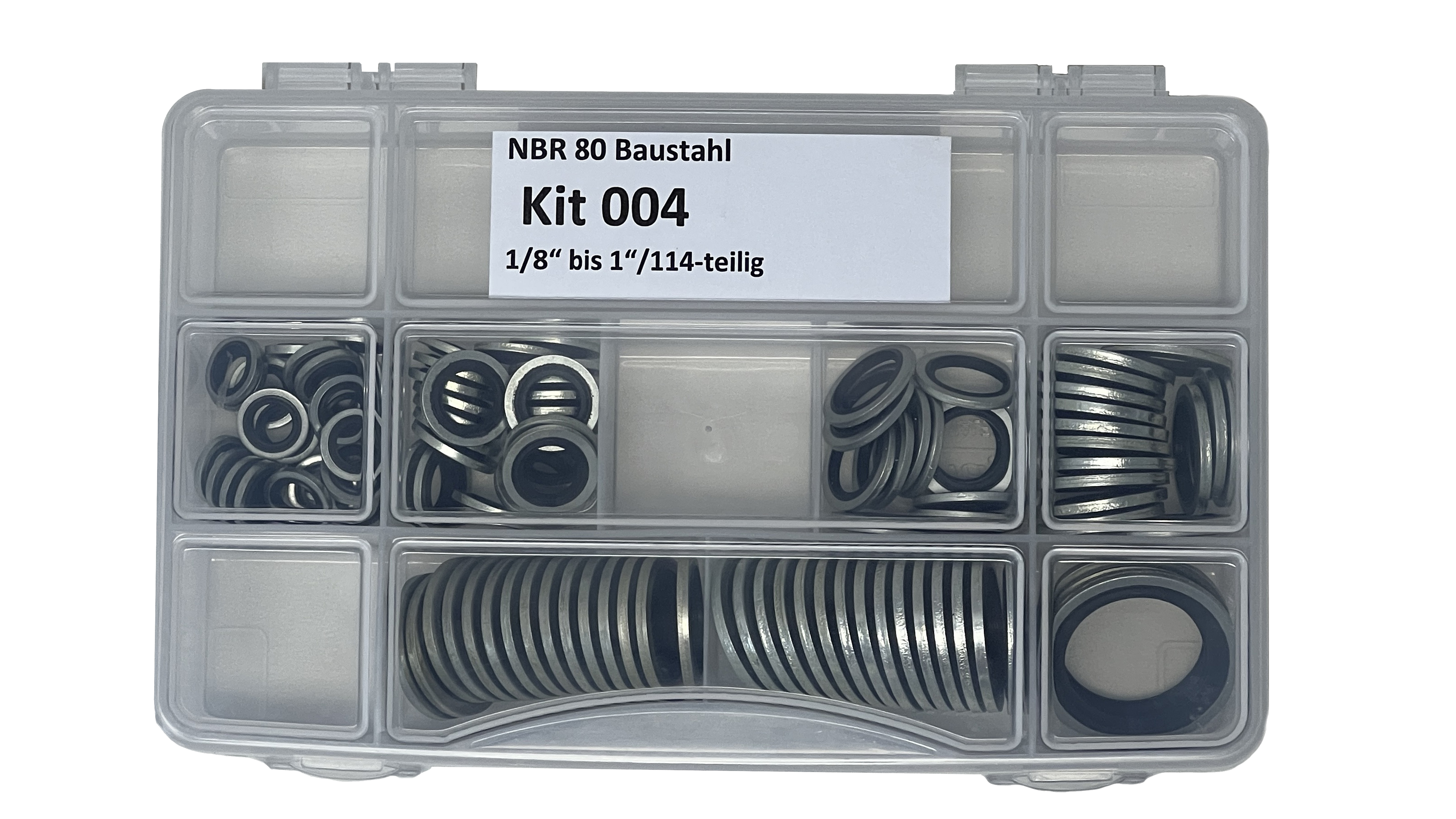 Assorted imperial kit (1/8" to 1"), 114 parts, self-centering, NBR80 +mild steel, Zn, Cr+3