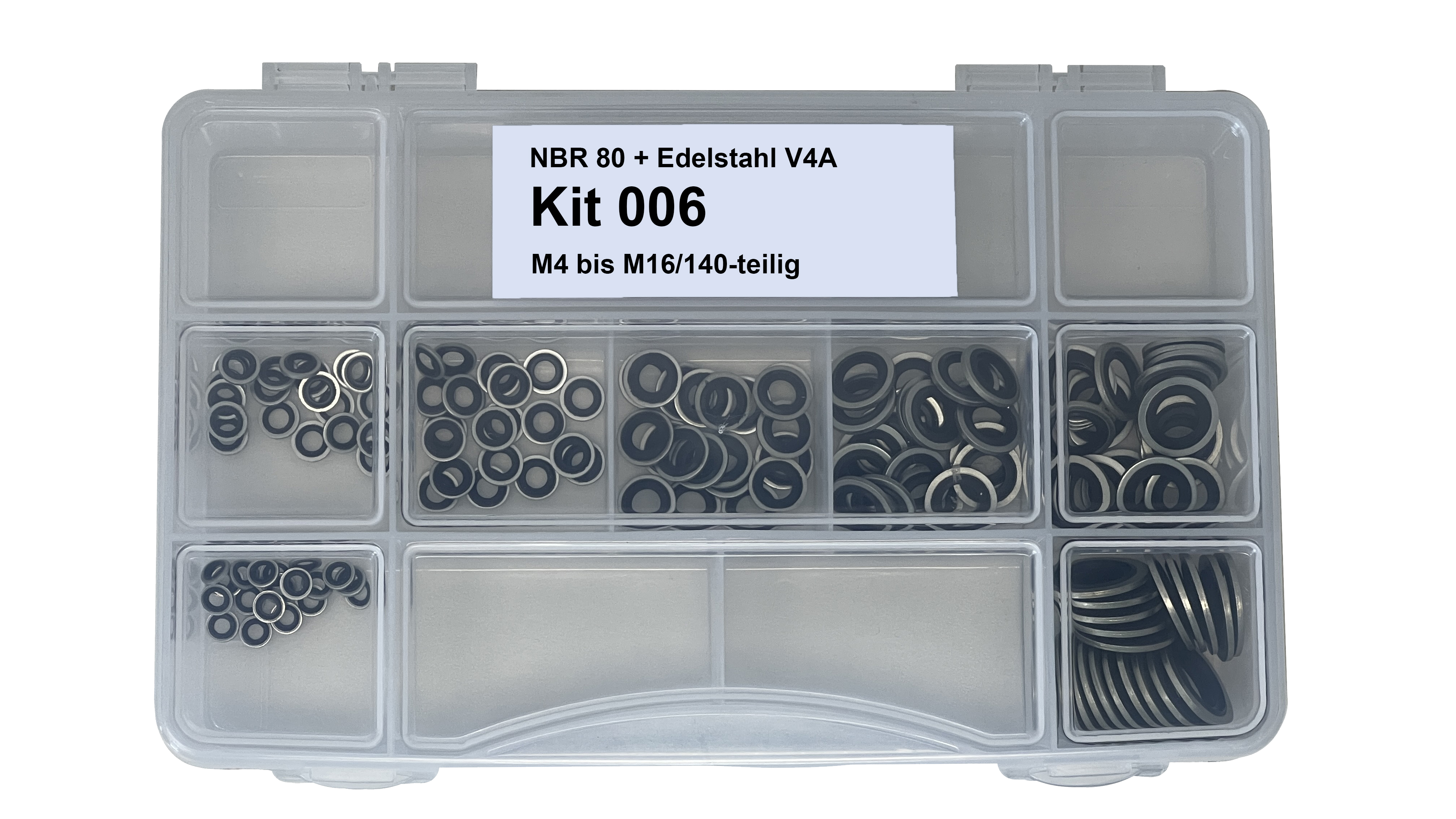 Assorted kit metric small (M4 to M16), 140 parts, self-centering, NBR80 +stainless steel AISI 316